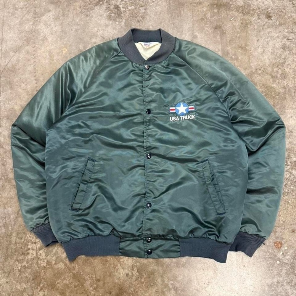 True Vintage 80s USA Truck Green Satin Snap Button Trucker Jacket Size L